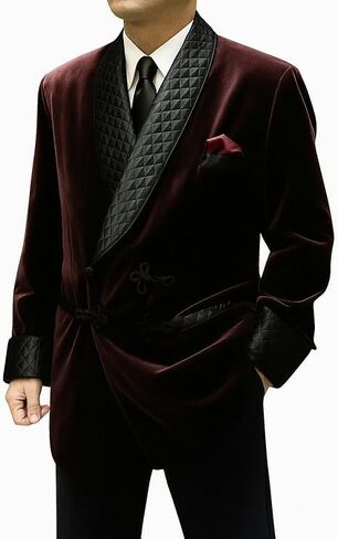 Men's Burgundy Velvet Jacket Men Double Breasted Smoking Jackets Dinner Party Wear Smoking Jacket Black Satin Quiltet Robe in Saudi Arabia