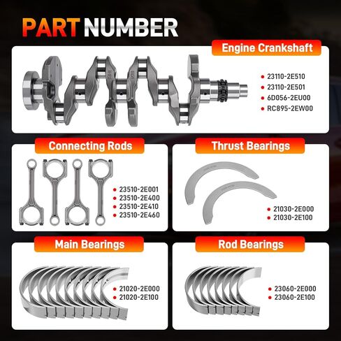 Engine Crankshaft Connecting Rod Bearings Kit Compatible with Kia Forte 2.0L 2017-2021, Hyundai Elantra Kona Veloster 2.0L 2016-2021, Replace# 23110-2E510 23110-2E501 23510-2E001 23510-2E460 in Kuwait