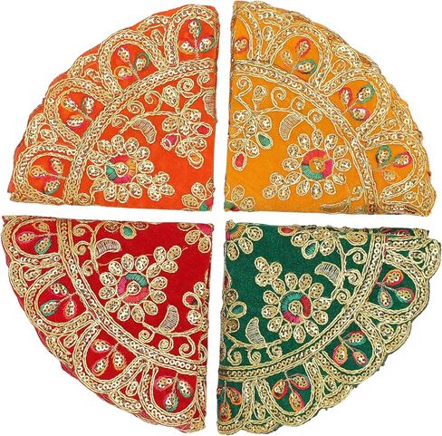 مجموعة دائرية مكونة من 4 قطع من قماش بوجا المخملي، قطعة قماش مزخرفة من آسان مع أعمال تسلسلية لمهرجان بوجا التقليدي الهندي متعدد الأغراض، عنصر ومقال (الحجم: - 8 بوصة × 8 بوصة) in Kuwait