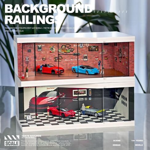 1:64 Scale Die-Cast Car Display Stand. Suitable for Hot Wheels, Matchbox, and Similar die-cast car Models. Setting and Lighting: Parking Lot (Red Brick Exhibition Hall) in Saudi Arabia