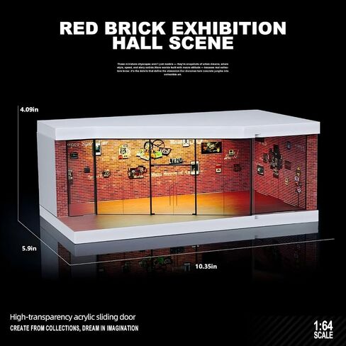 1:64 Scale Die-Cast Car Display Stand. Suitable for Hot Wheels, Matchbox, and Similar die-cast car Models. Setting and Lighting: Parking Lot (Red Brick Exhibition Hall) in Saudi Arabia