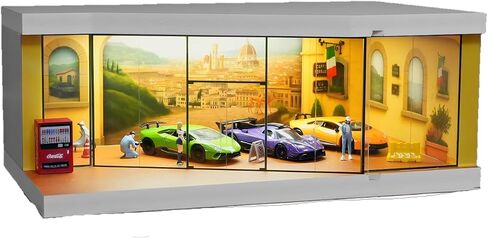1:64 Scale Die-Cast Car Display Stand. Suitable for Hot Wheels, Matchbox, and Similar die-cast car Models. Setting and Lighting: Parking Lot (Red Brick Exhibition Hall) in Saudi Arabia