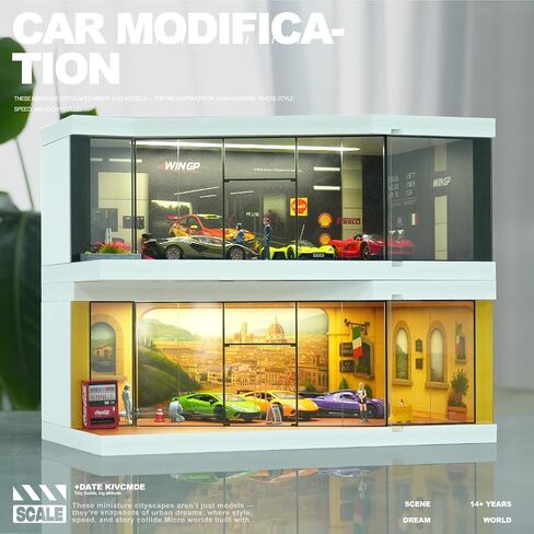1:64 Scale Die-Cast Car Display Stand. Suitable for Hot Wheels, Matchbox, and Similar die-cast car Models. Setting and Lighting: Parking Lot (Red Brick Exhibition Hall) in Saudi Arabia