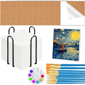 12 قطعة من بلاط السيراميك المربع للحرف اليدوية، بلاط سيراميك 4x4 بوصة مع رف تخزين حديدي ووسادات دعم من الفلين، بلاط سيراميك غير مصقول للرسم، حبر الكحول، صب الأكريليك in Kuwait