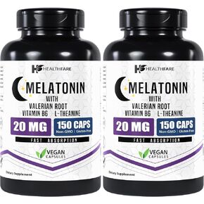 Healthfare Melatonin 20mg | 150 Tablets | Complex with L-Theanine, Valerian Root & Vitamin B6 | Vegetarian Formula | Non-GMO | Gluten-Free | Made in The USA in Kuwait