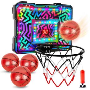 طوق كرة السلة الصغير الداخلي، طوق كرة السلة فوق الباب مع أضواء LED/لوحة النتائج/4 كرات، إطار اللوحة الخلفية المعززة، ألعاب كرة السلة هدية للأطفال الذين تتراوح أعمارهم بين 3-5-12 عامًا للأولاد والبنات in Kuwait
