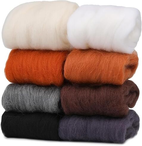 Verkelly 8 Colors Needle Felting Wool Set – 10g Each Pack of Roving Yarn, 2.8 Oz Fiber Wool for DIY Hand Spinning, Crafting(Black, White, Grey and Brown) in Saudi Arabia