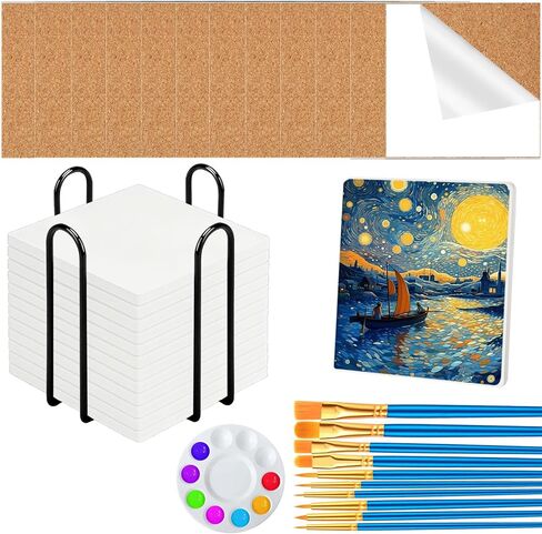 12 قطعة من بلاط السيراميك المربع للحرف اليدوية، بلاط سيراميك 4x4 بوصة مع رف تخزين حديدي ووسادات دعم من الفلين، بلاط سيراميك غير مصقول للرسم، حبر الكحول، صب الأكريليك in Kuwait