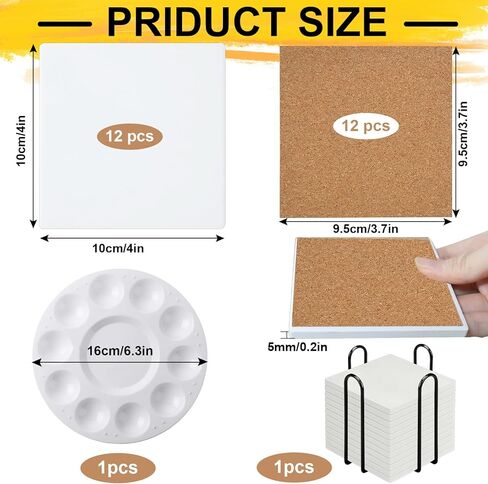 12 قطعة من بلاط السيراميك المربع للحرف اليدوية، بلاط سيراميك 4x4 بوصة مع رف تخزين حديدي ووسادات دعم من الفلين، بلاط سيراميك غير مصقول للرسم، حبر الكحول، صب الأكريليك in Kuwait