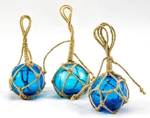 Japanese Glass Fishing Floats Ball - 3" Aqua Cobalt and White (3 Pack) - Glass Buoys With Rope - Japanese Glass Floats - Fishing Float Glass Float Balls - Glass Ball Float Decor - Nautical Glass Balls in Saudi Arabia