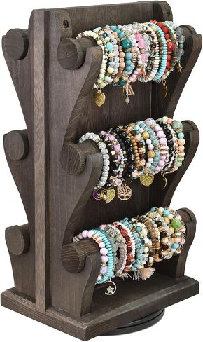 Ikee Design Two-Sided Rotating Wooden Jewelry Bracelet Display Stand-6 Removable Holders, 3 Tier Bar Bangle Organizer-Perfect for Bracelets and Jewelry Display -Dark Brown Color in Kuwait