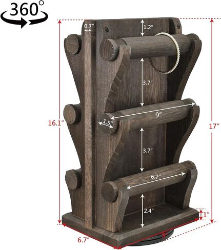 Ikee Design Two-Sided Rotating Wooden Jewelry Bracelet Display Stand-6 Removable Holders, 3 Tier Bar Bangle Organizer-Perfect for Bracelets and Jewelry Display -Dark Brown Color in Kuwait