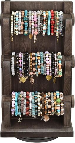 Ikee Design Two-Sided Rotating Wooden Jewelry Bracelet Display Stand-6 Removable Holders, 3 Tier Bar Bangle Organizer-Perfect for Bracelets and Jewelry Display -Dark Brown Color in Kuwait