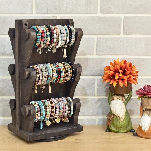 Ikee Design Two-Sided Rotating Wooden Jewelry Bracelet Display Stand-6 Removable Holders, 3 Tier Bar Bangle Organizer-Perfect for Bracelets and Jewelry Display -Dark Brown Color in Kuwait