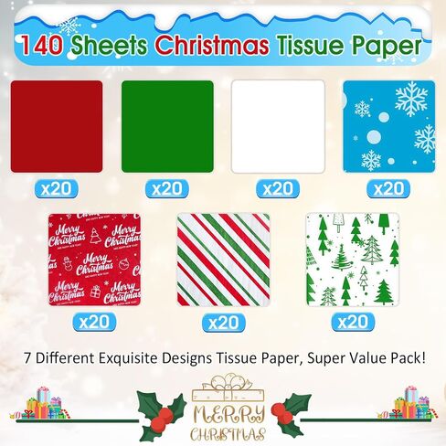 SNMEIKUN 140 Sheets Christmas Tissue Paper for Gift Bags Wrapping, Assorted Christmas Tissue Paper Bulk for Gift Boxes, Xmas Gift Wrapping Bags, and Wine Bottles in Saudi Arabia