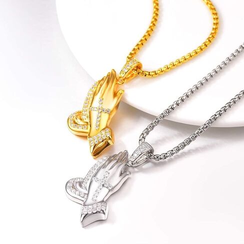 U7 Russian Orthodox Cross Pendant/Praying Hands/Ichthys Sign for Men Women Stainless Steel 18K Gold Plated Jesus Pendant Christian Religious Necklaces, Length 22" Silver Black Gold in Kuwait