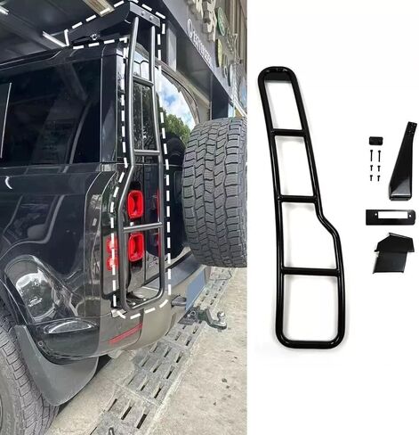 سلم وصول جانبي لرف السقف باللون الأسود اللامع متوافق مع يناسب Land Rover Defender 110 2020-2024 2025 2026 وصول خلفي قابل للطي سلم قابل للرفع إطار رف سقف in Saudi Arabia