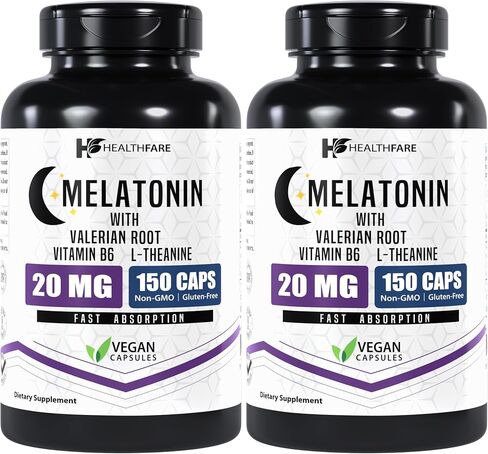 Healthfare Melatonin 20mg | 150 Tablets | Complex with L-Theanine, Valerian Root & Vitamin B6 | Vegetarian Formula | Non-GMO | Gluten-Free | Made in The USA in Kuwait