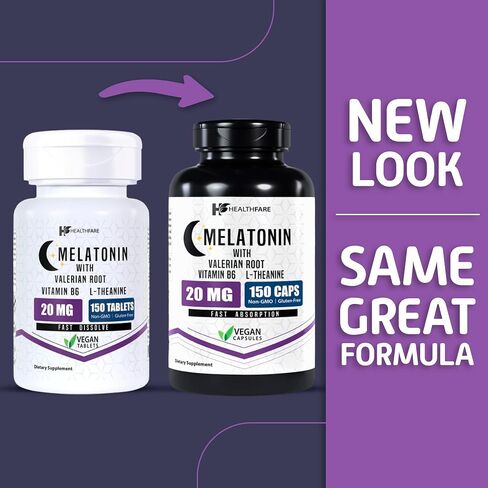 Healthfare Melatonin 20mg | 150 Tablets | Complex with L-Theanine, Valerian Root & Vitamin B6 | Vegetarian Formula | Non-GMO | Gluten-Free | Made in The USA in Kuwait
