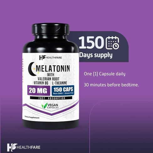 Healthfare Melatonin 20mg | 150 Tablets | Complex with L-Theanine, Valerian Root & Vitamin B6 | Vegetarian Formula | Non-GMO | Gluten-Free | Made in The USA in Kuwait