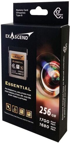 بطاقة Exascend 256G Essential CFexpress من النوع B، قراءة تصل إلى 1800 ميجابايت/ثانية، متوافقة مع كاميرات Canon وNikon وPanasonic وغيرها. in Kuwait
