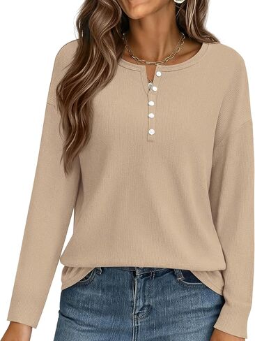KIRUNDO Oversized Waffle Knit Tops for Women 2025 Fall Long Sleeve Henley Shirts Casual Blouse Deco Button Fashion Clothing in Saudi Arabia