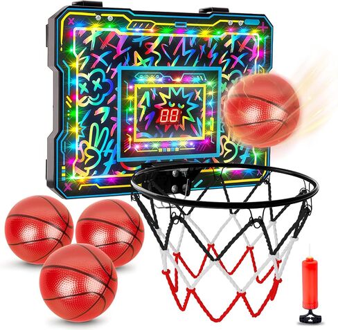 Indoor Mini Basketball Hoop, Over The Door Basketball Hoop with LED Lights/Scoreboard/4 Balls, Upgraded Reinforced Backboard Frame, Basket Ball Toys Gift for Kids Ages 3-5-12+ Boys Girls in Saudi Arabia