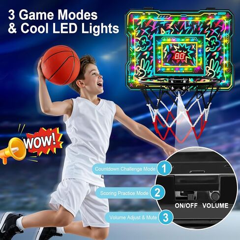 Indoor Mini Basketball Hoop, Over The Door Basketball Hoop with LED Lights/Scoreboard/4 Balls, Upgraded Reinforced Backboard Frame, Basket Ball Toys Gift for Kids Ages 3-5-12+ Boys Girls in Saudi Arabia