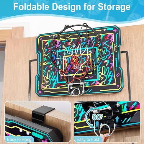 Indoor Mini Basketball Hoop, Over The Door Basketball Hoop with LED Lights/Scoreboard/4 Balls, Upgraded Reinforced Backboard Frame, Basket Ball Toys Gift for Kids Ages 3-5-12+ Boys Girls in Saudi Arabia