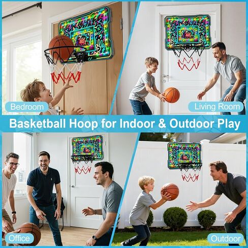 Indoor Mini Basketball Hoop, Over The Door Basketball Hoop with LED Lights/Scoreboard/4 Balls, Upgraded Reinforced Backboard Frame, Basket Ball Toys Gift for Kids Ages 3-5-12+ Boys Girls in Saudi Arabia