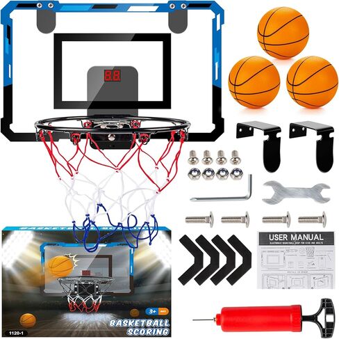 طوق كرة السلة في الأماكن المغلقة للأطفال البالغين مع هداف بطريقتين للتسجيل، طوق صغير لكرة السلة في غرفة الباب مع 3 بطاريات وكرات، ملحقات كرة السلة لهدايا الأولاد المراهقين، أزرق in Kuwait