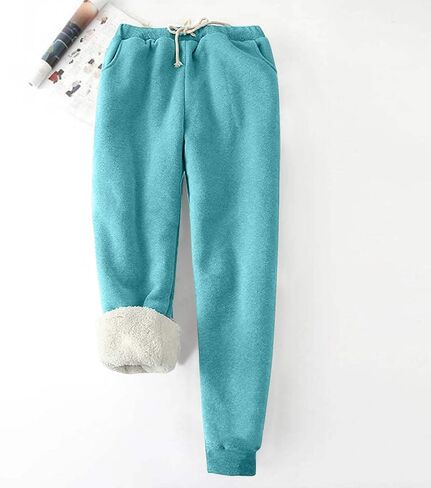 سراويل مبطنة بالصوف للسيدات مقاس كبير، سراويل شيربا الرياضية طويلة القامة دافئة للركض الحراري، ملابس شتوية برباط in Kuwait