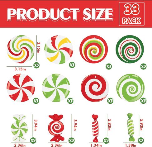 33pcs Christmas Decorations Candy Tree Ornaments - Colorful Candy Cane Lollipop Peppermint Hanging Christmas Ornaments for Christmas Tree Winter New Year Party Decor, Candy Themed Party Supplies in Kuwait