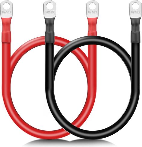 2 قطعة 1/0 AWG 0 كابلات بطارية مقاس 12 بوصة مع عروات 3/8 بوصة، سلك عاكس طاقة نحاسي نقي مرن شديد التحمل للألواح الشمسية البحرية للسيارة RV 12 فولت/24 فولت in Kuwait
