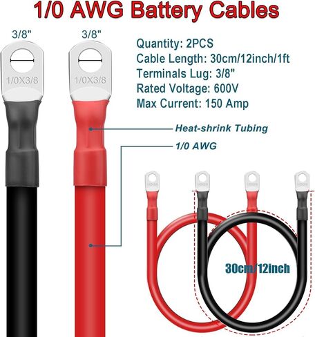 2 قطعة 1/0 AWG 0 كابلات بطارية مقاس 12 بوصة مع عروات 3/8 بوصة، سلك عاكس طاقة نحاسي نقي مرن شديد التحمل للألواح الشمسية البحرية للسيارة RV 12 فولت/24 فولت in Kuwait