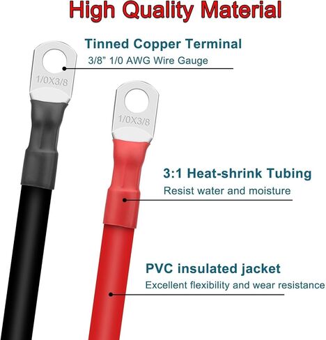 2 قطعة 1/0 AWG 0 كابلات بطارية مقاس 12 بوصة مع عروات 3/8 بوصة، سلك عاكس طاقة نحاسي نقي مرن شديد التحمل للألواح الشمسية البحرية للسيارة RV 12 فولت/24 فولت in Kuwait