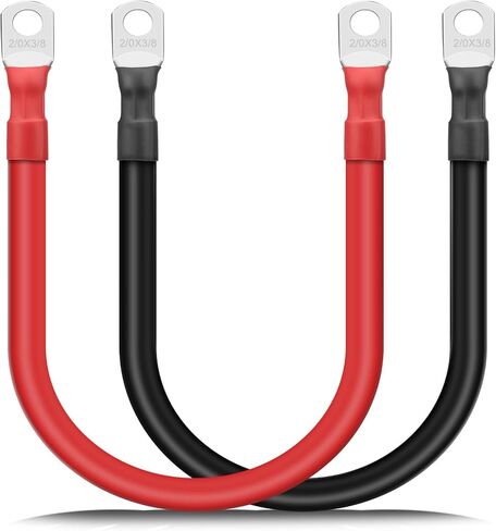 2 قطعة 1/0 AWG 0 كابلات بطارية مقاس 12 بوصة مع عروات 3/8 بوصة، سلك عاكس طاقة نحاسي نقي مرن شديد التحمل للألواح الشمسية البحرية للسيارة RV 12 فولت/24 فولت in Kuwait