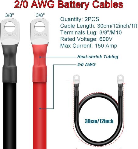 2 قطعة 1/0 AWG 0 كابلات بطارية مقاس 12 بوصة مع عروات 3/8 بوصة، سلك عاكس طاقة نحاسي نقي مرن شديد التحمل للألواح الشمسية البحرية للسيارة RV 12 فولت/24 فولت in Kuwait