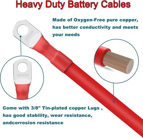 2 قطعة 1/0 AWG 0 كابلات بطارية مقاس 12 بوصة مع عروات 3/8 بوصة، سلك عاكس طاقة نحاسي نقي مرن شديد التحمل للألواح الشمسية البحرية للسيارة RV 12 فولت/24 فولت in Kuwait