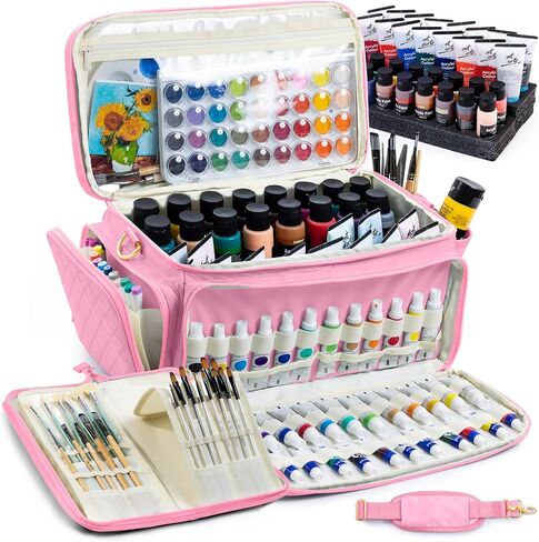 SFYBYHEART Quilted Acrylic Paint Organizer Bag with 13" Brush Holder Case, Art Supply Storage Bag with Foam Inserts for Bottles & Tubes, Large Craft Paint Organizer for Artists in Saudi Arabia