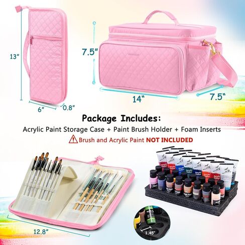 SFYBYHEART Quilted Acrylic Paint Organizer Bag with 13" Brush Holder Case, Art Supply Storage Bag with Foam Inserts for Bottles & Tubes, Large Craft Paint Organizer for Artists in Saudi Arabia