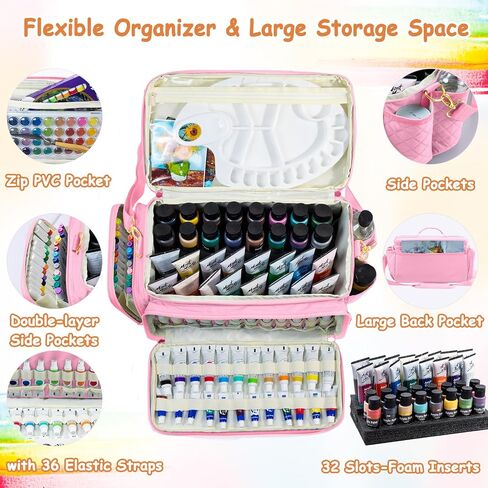 SFYBYHEART Quilted Acrylic Paint Organizer Bag with 13" Brush Holder Case, Art Supply Storage Bag with Foam Inserts for Bottles & Tubes, Large Craft Paint Organizer for Artists in Saudi Arabia