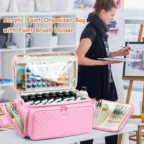 SFYBYHEART Quilted Acrylic Paint Organizer Bag with 13" Brush Holder Case, Art Supply Storage Bag with Foam Inserts for Bottles & Tubes, Large Craft Paint Organizer for Artists in Saudi Arabia