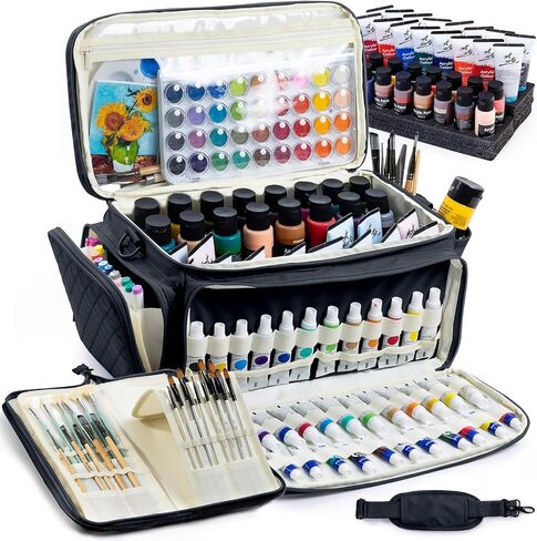 SFYBYHEART Quilted Acrylic Paint Organizer Bag with 13" Brush Holder Case, Art Supply Storage Bag with Foam Inserts for Bottles & Tubes, Large Craft Paint Organizer for Artists in Saudi Arabia