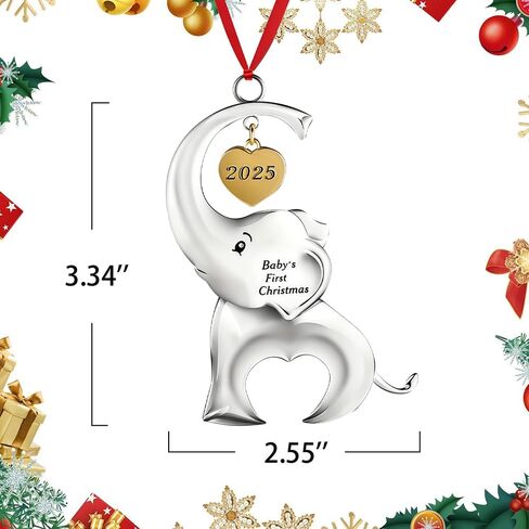 زينة شجرة عيد الميلاد الأولى للطفل، زينة عيد الميلاد 2023، ديكور فيل عيد الميلاد الأول للطفل، زينة تذكارية للطفل مع شريط بلونين، للأطفال حديثي الولادة من الأولاد والبنات (ذهبي وردي) in Saudi Arabia
