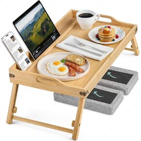 Breakfast in Bed Tray Lap Desk | Ergonomic Bamboo Bed Table Tray for Work, Rest | Comfortable Bed Desk w/Foldable Legs, Phone Holder, Cushions, Anti-Spill Edges | Adjustable Laptop Table/Lap Tray in Saudi Arabia