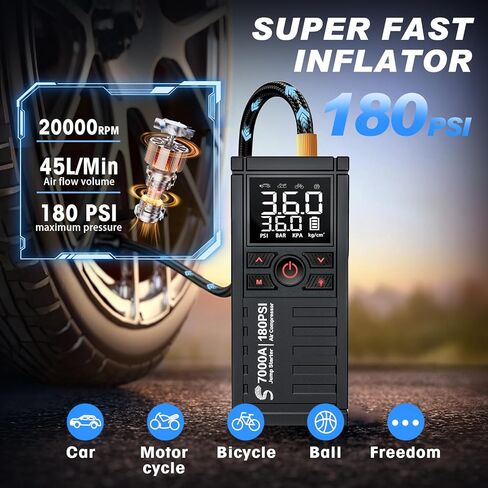 جهاز Jump Starter مع ضاغط هواء، صندوق القفز لبطارية السيارة بقوة 7000 أمبير 180 رطل لكل بوصة مربعة (جميع الغاز/12.0 لتر ديزل)، كابلات توصيل محمولة لبطارية السيارة، شاشة LCD كبيرة، ضوء LED أحمر in Kuwait