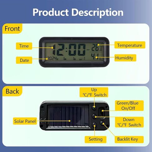Fafeicy Car Dashboard Clock Digital Auto Luminous Clock with Blue Orange Backlight for Car Truck Temperature Humidity Display Solar Type C Charging in Kuwait
