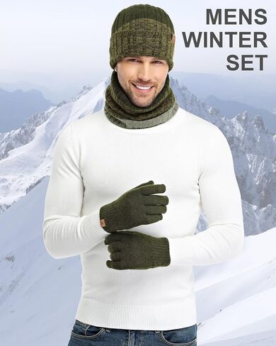 Mens Winter Knit Beanie Hat Scarf Touchscreen Gloves Set, Winter Warm Skull Cap Neck Warmer Gloves Set with Fleece Lined in Kuwait