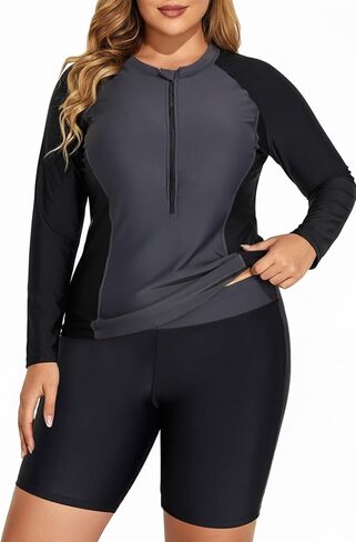 Daci Plus Size Rash Guard for Women - Long Sleeve Swimsuits 2 Piece Bathing Suit Built in Bra Swim Shirt with Shorts in Kuwait